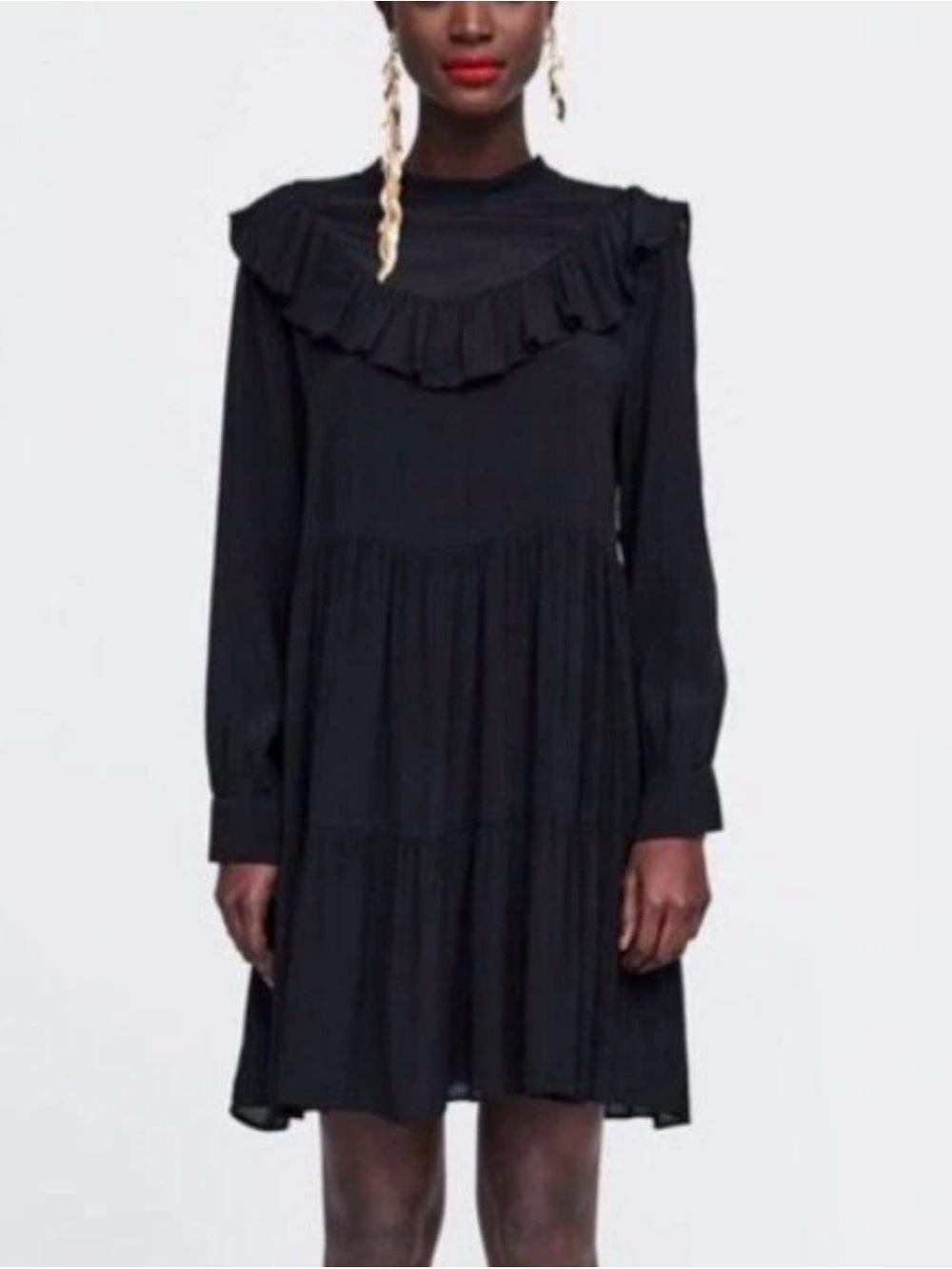 ZARA women's Boho Swiss dot mini dress black US M long  sleeve Viscose tiered‎